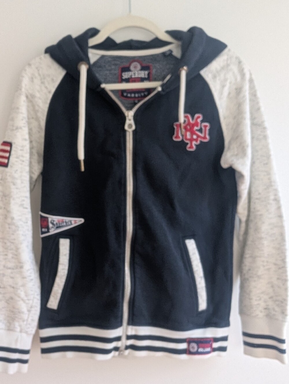 Superdry Women's Blue College Patch Zip Hoodie Pullover Sz S
